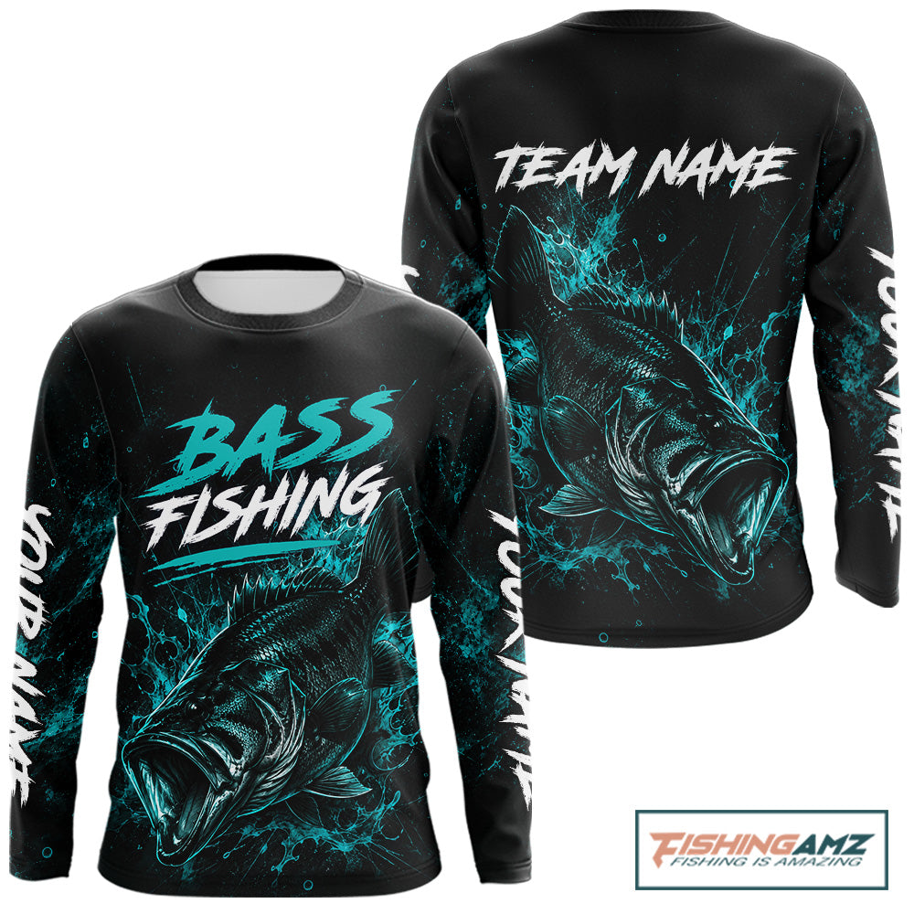 Front and back view of personalized bass fishing neon camo long sleeve fishing shirt