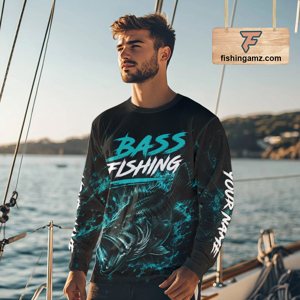 Angler wearing personalized neon camo bass fishing long sleeve shirt on the water