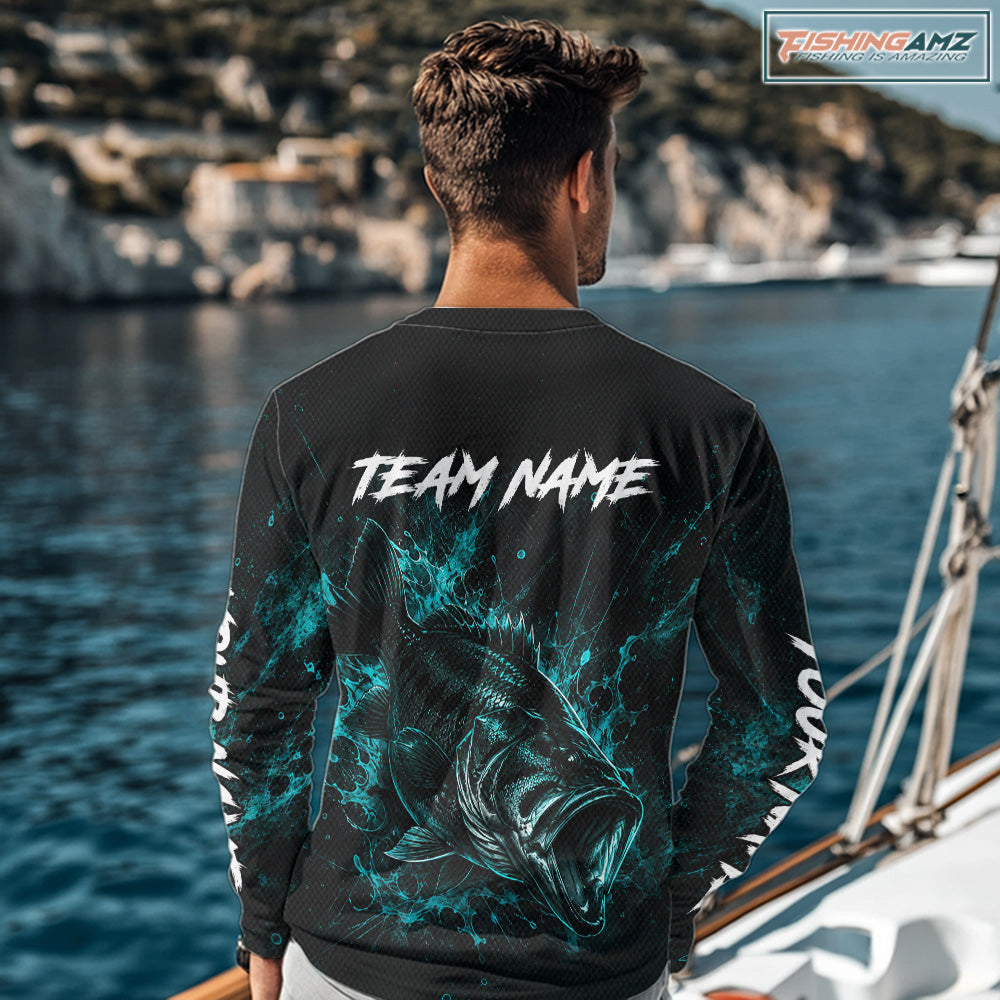 Angler wearing personalized neon camo bass fishing long sleeve shirt on the water with custom team name on the back
