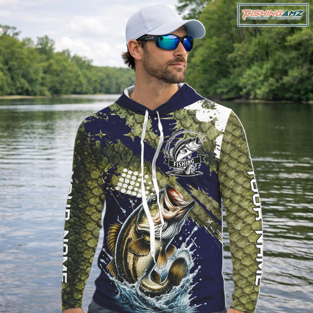 Custom Bass Fishing Green Bass Scales Hooded Fishing Shirts For Men, Bass Fishing Shirts NBT470