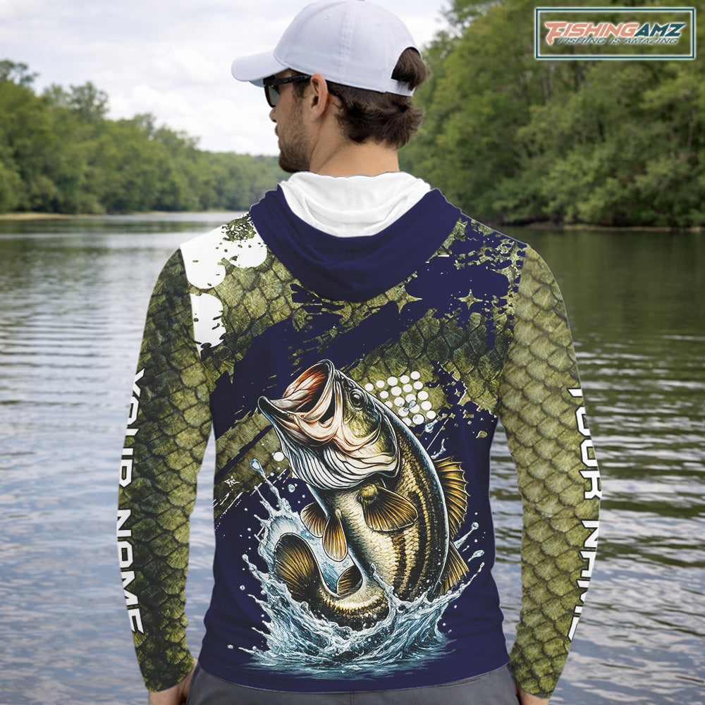 Custom Bass Fishing Green Bass Scales Hooded Fishing Shirts For Men, Bass Fishing Shirts NBT470