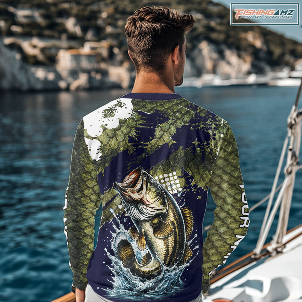 Custom Bass Fishing Green Bass Scales Fishing Shirts For Men, Bass Fishing Shirts NBT470