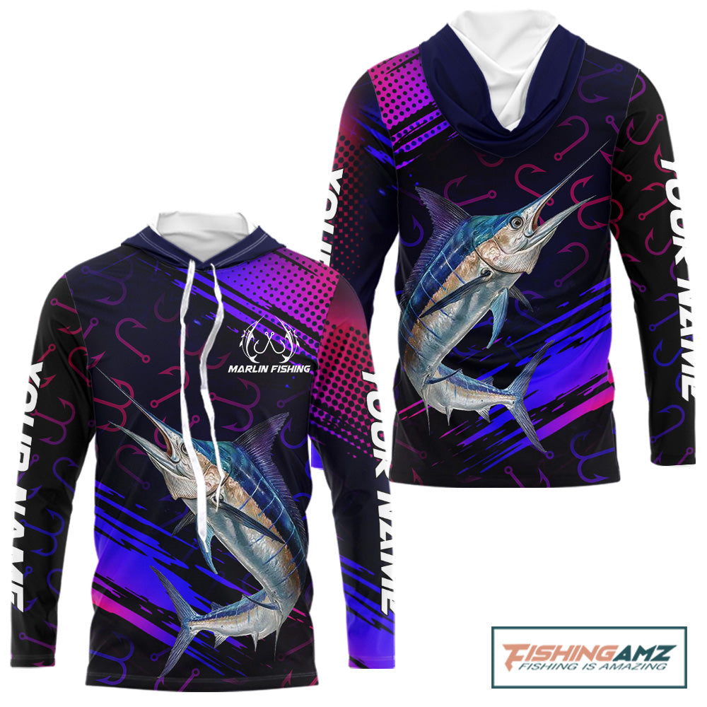 Custom Marlin Fishing Shirts with Hood Fish Hooks Long Sleeve Performance Shirt, Marlin Fishing Jersey NBT475