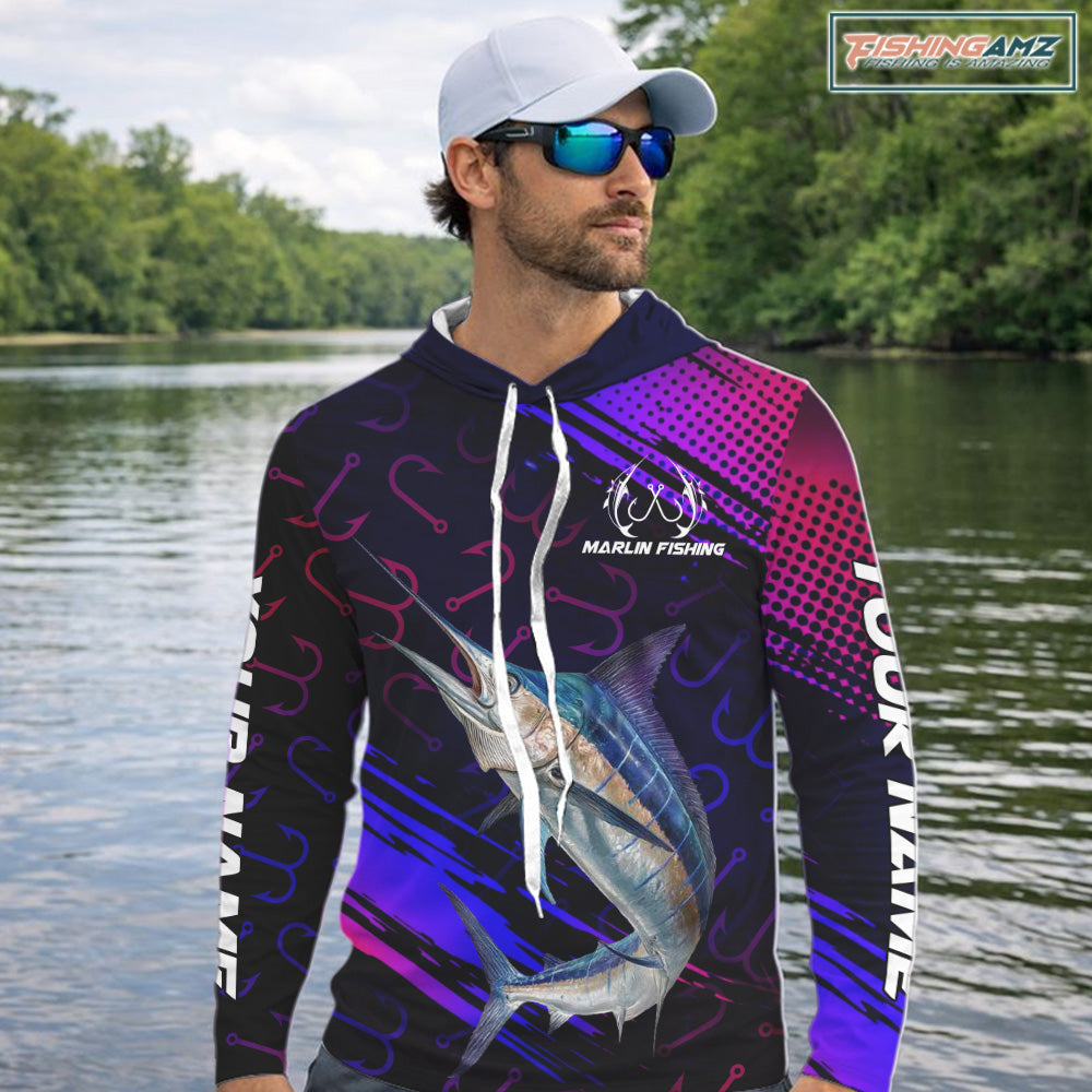 Custom Marlin Fishing Shirts with Hood Fish Hooks Long Sleeve Performance Shirt, Marlin Fishing Jersey NBT475