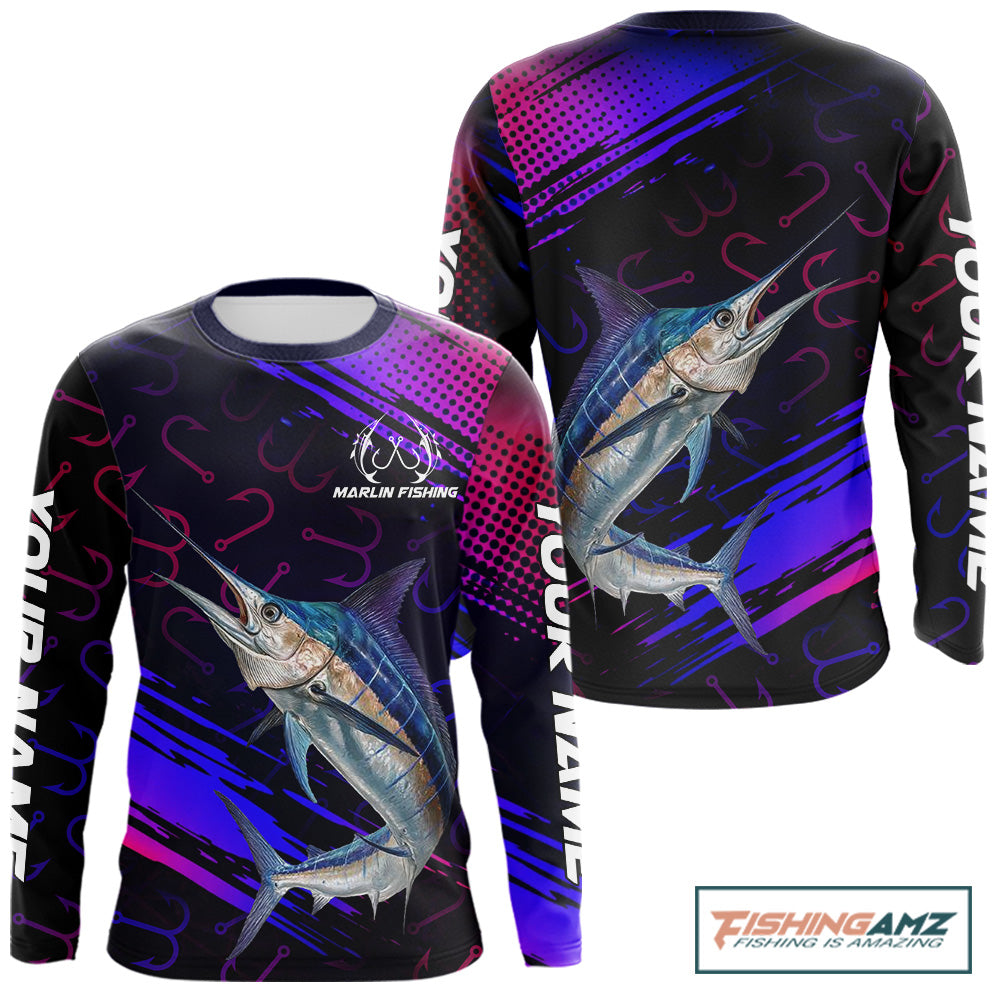 Custom Marlin Fishing Shirts Fish Hooks Long Sleeve Performance Shirt, Marlin Fishing Jersey NBT475