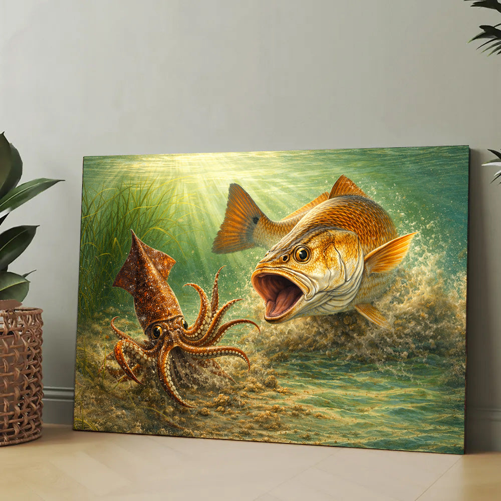 Redfish Strike: Coastal Predator in Action - Saltwater Fishing Canvas Art