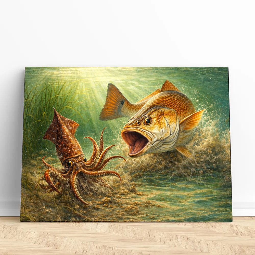 Redfish Strike: Coastal Predator in Action - Saltwater Fishing Canvas Art