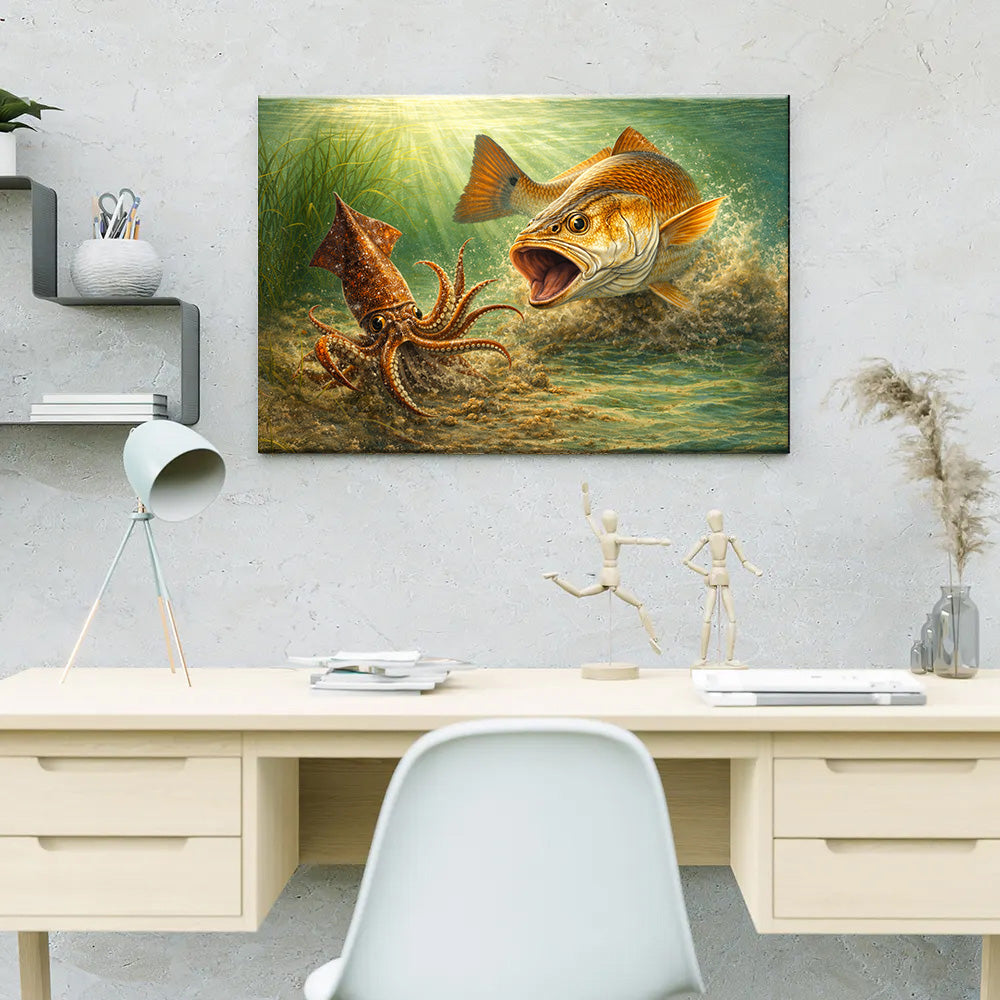 Redfish Strike: Coastal Predator in Action - Saltwater Fishing Canvas Art NBT420