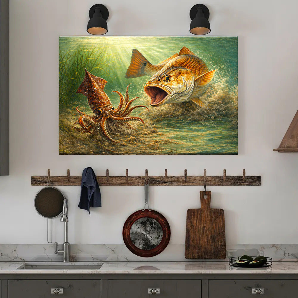 Redfish Strike: Coastal Predator in Action - Saltwater Fishing Canvas Art NBT420