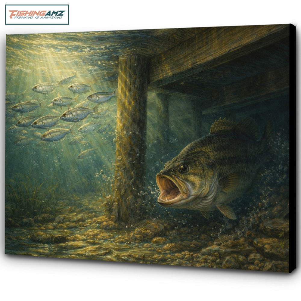 Largemouth Bass Under the Dock – Bass Fishing Canvas Art NBT422