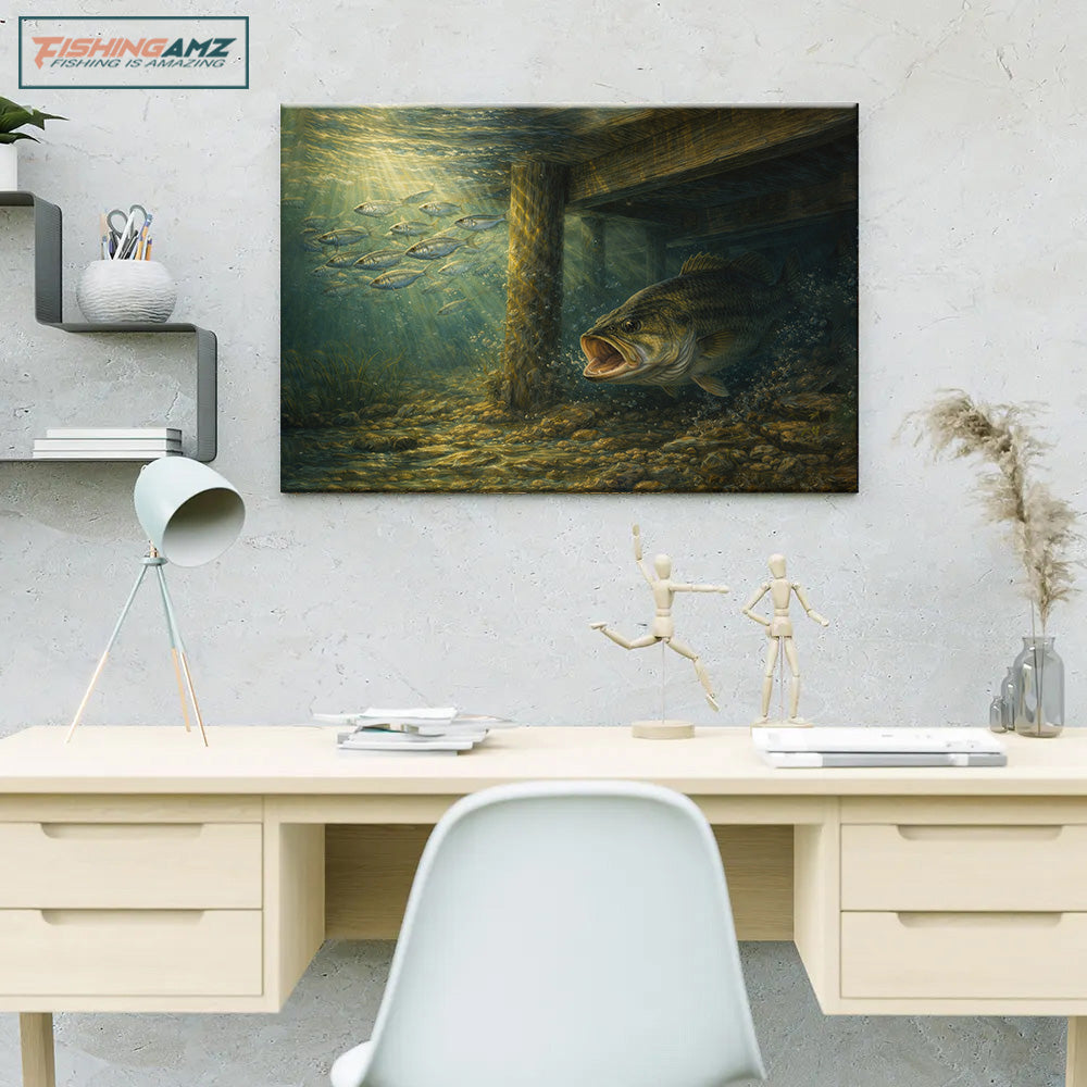 Largemouth Bass Under the Dock – Bass Fishing Canvas Art NBT422