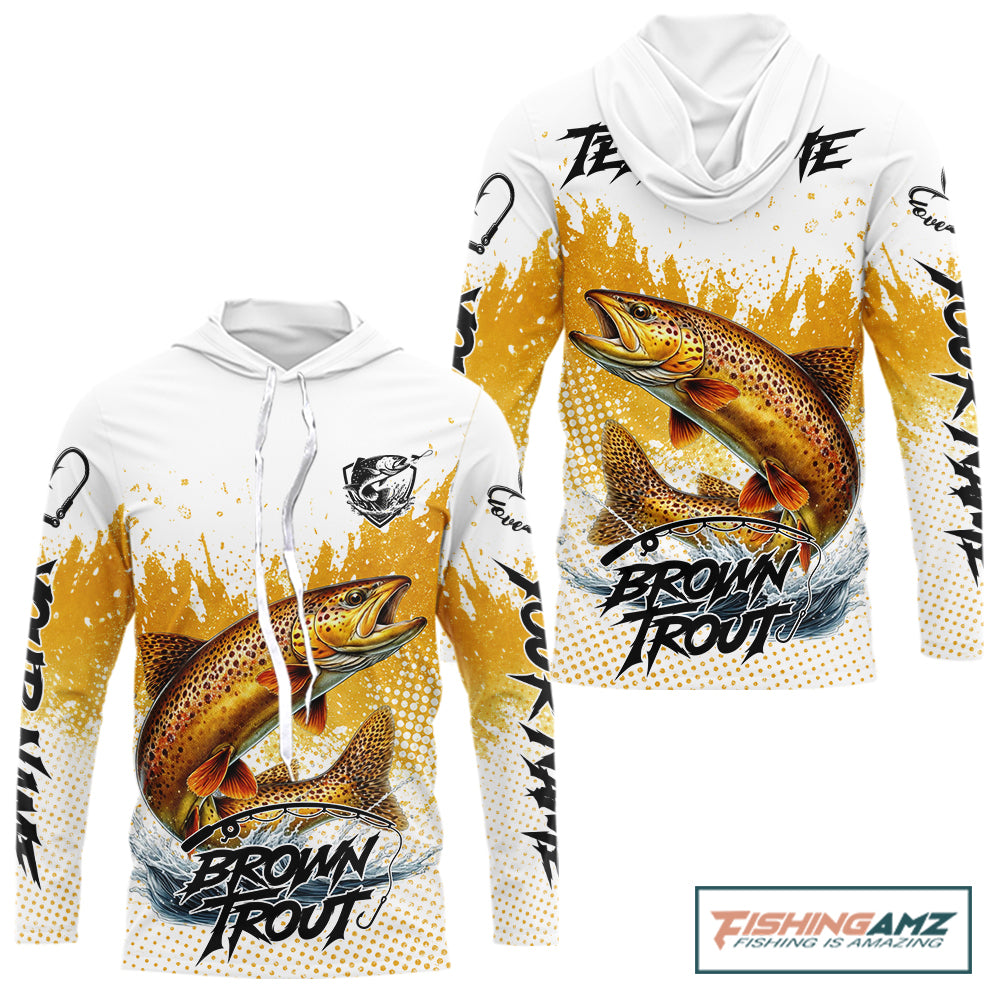 Custom Brown Trout Long Sleeve Hooded Fishing Shirts Yellow Camo Fishing Lures, Custom Fishing Jerseys NBT377