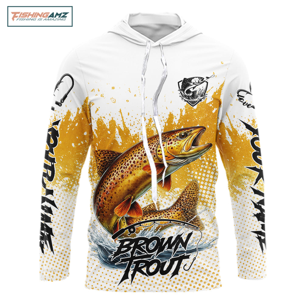 Custom Brown Trout Long Sleeve Hooded Fishing Shirts Yellow Camo Fishing Lures, Custom Fishing Jerseys NBT377