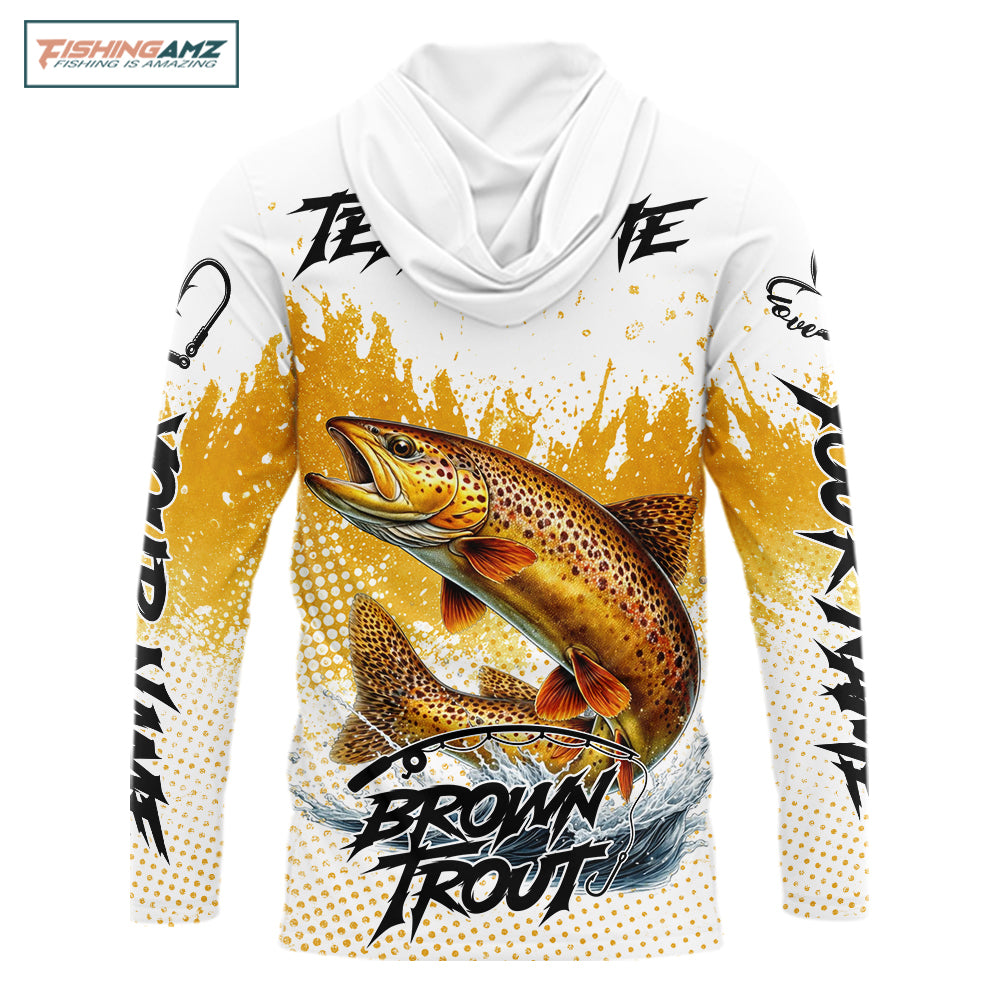 Custom Brown Trout Long Sleeve Hooded Fishing Shirts Yellow Camo Fishing Lures, Custom Fishing Jerseys NBT377