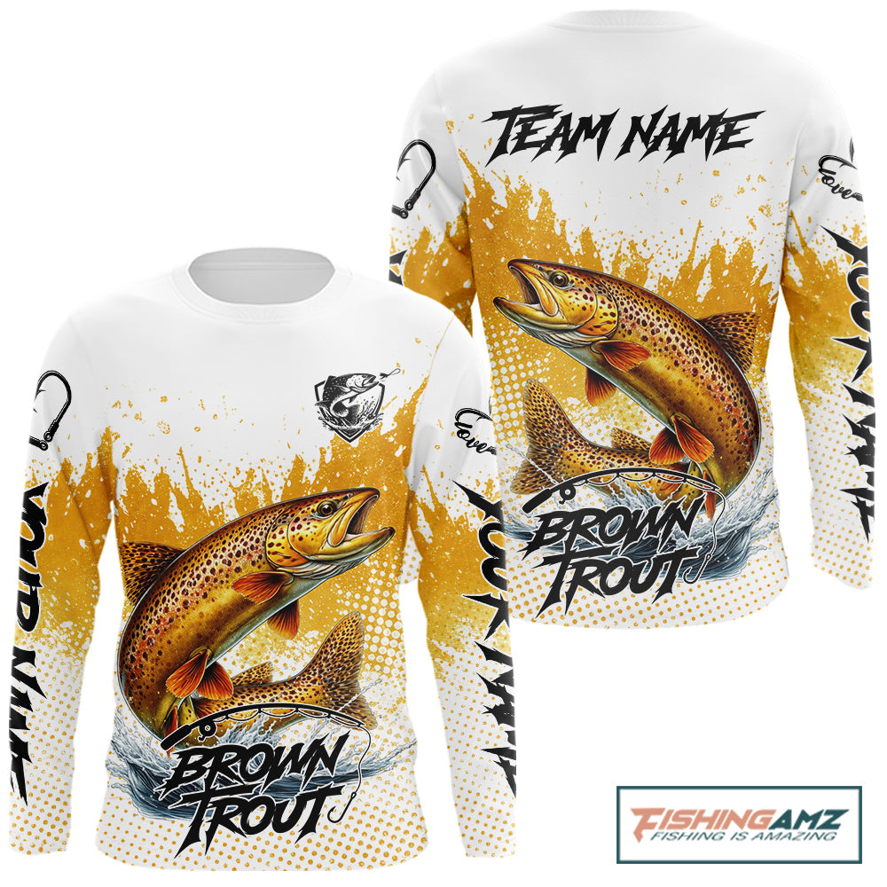 Custom Brown Trout Long Sleeve Fishing Shirts Yellow Camo Fishing Lures, Custom Fishing Jerseys NBT377