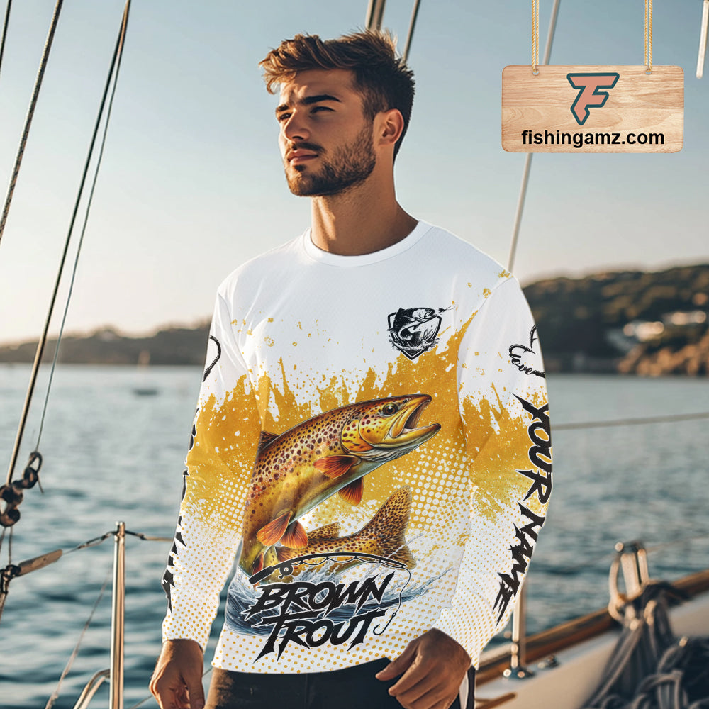 Custom Brown Trout Long Sleeve Fishing Shirts Yellow Camo Fishing Lures, Custom Fishing Jerseys NBT377