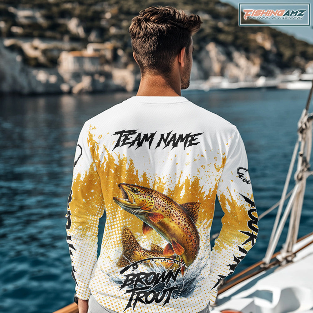 Custom Brown Trout Long Sleeve Fishing Shirts Yellow Camo Fishing Lures, Custom Fishing Jerseys NBT377