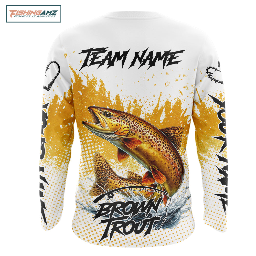 Custom Brown Trout Long Sleeve Fishing Shirts Yellow Camo Fishing Lures, Custom Fishing Jerseys NBT377