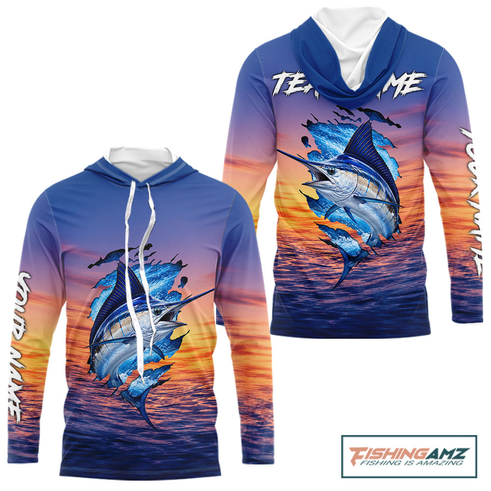 Front and back view of Marlin Fishing Sunset custom long sleeve hooded fishing shirt, marlin offshore fishing apparel with sunset marlin graphic