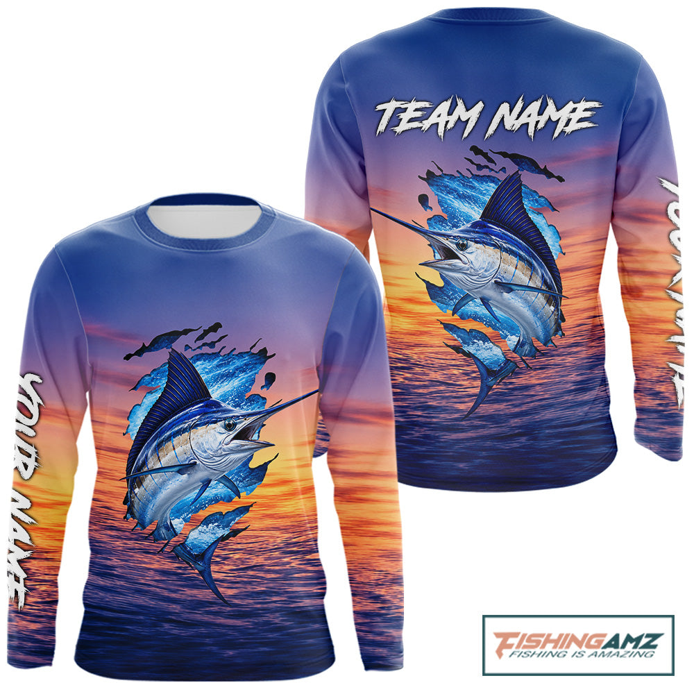Front and back view Marlin Fishing Sunset custom long sleeve fishing shirt, marlin offshore fishing apparel with sunset marlin graphic and personalized name.