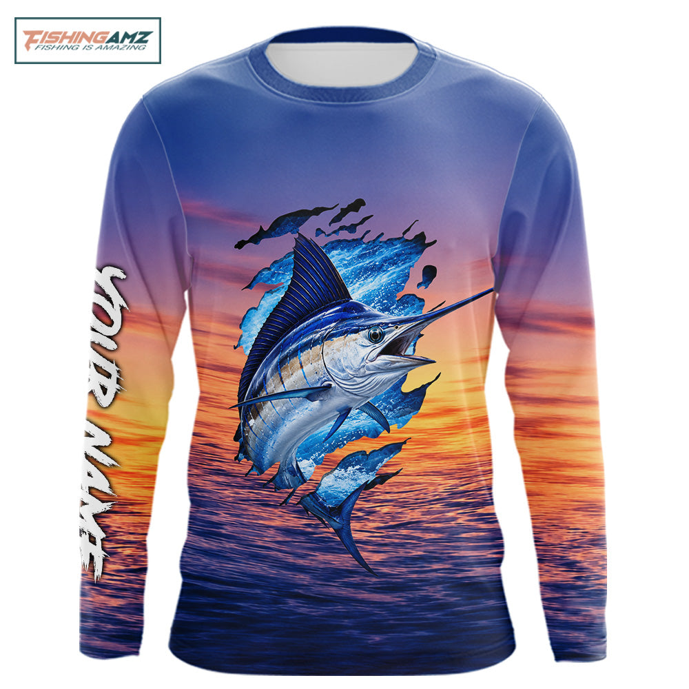 Front view Marlin Fishing Sunset custom long sleeve fishing shirt, marlin offshore fishing apparel with sunset marlin graphic