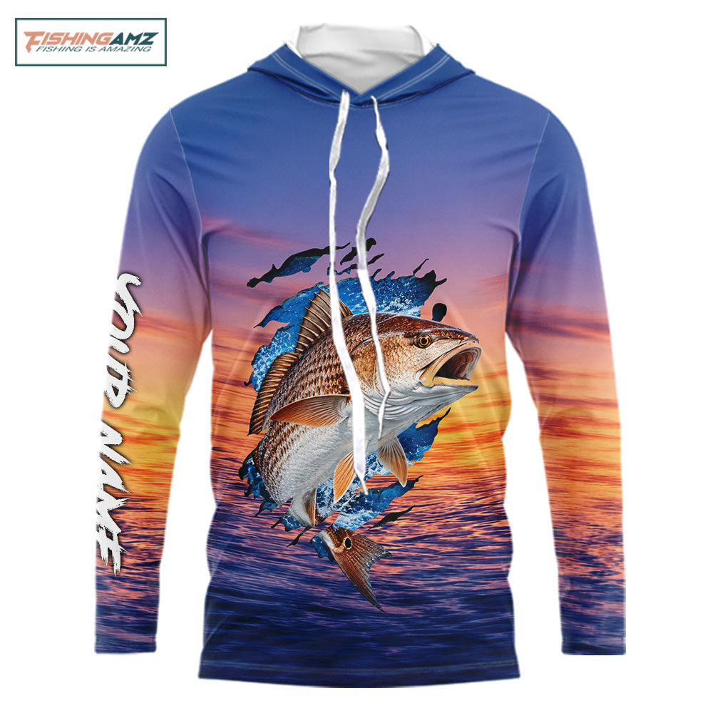 Front view Redfish Fishing Sunset custom long sleeve hooded fishing shirt, redfish offshore fishing apparel with sunset redfish graphic
