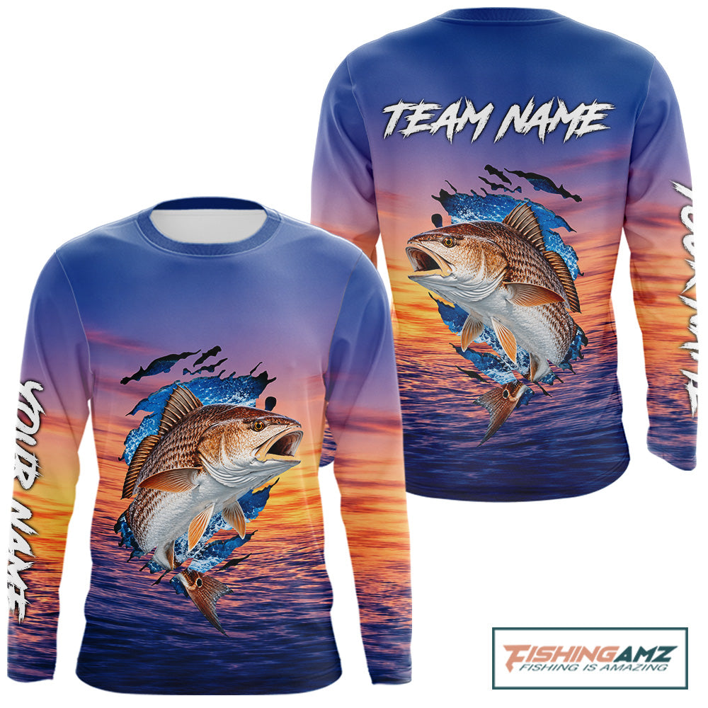 Front and back view of Redfish Fishing Sunset custom long sleeve fishing shirt, redfish offshore fishing apparel with sunset marlin graphic and personalized name.