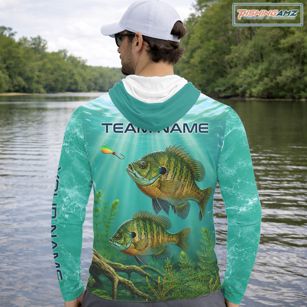 Angler wearing Custom Bluegill Fishing Jersey long sleeve hooded tournament fishing shirt with custom "team name" on the back
