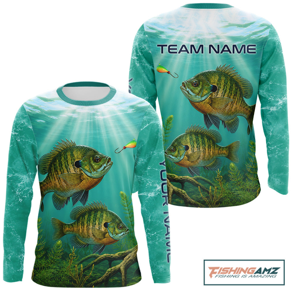Front and back view Custom Bluegill Fishing Jersey long sleeve tournament shirt, bluegill fishing jersey with UPF protection