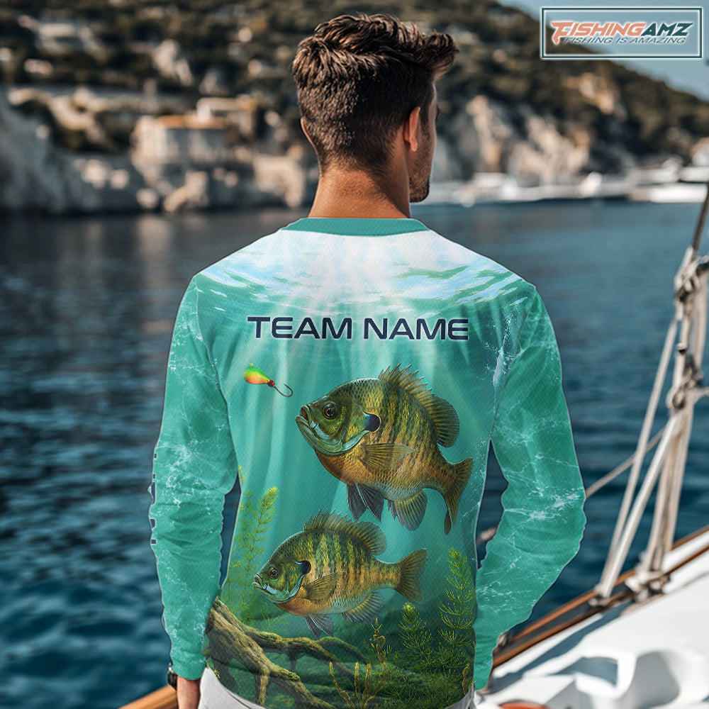 Angler wearing Custom Bluegill Fishing Jersey long sleeve hooded tournament fishing shirt with personalized name on the back.
