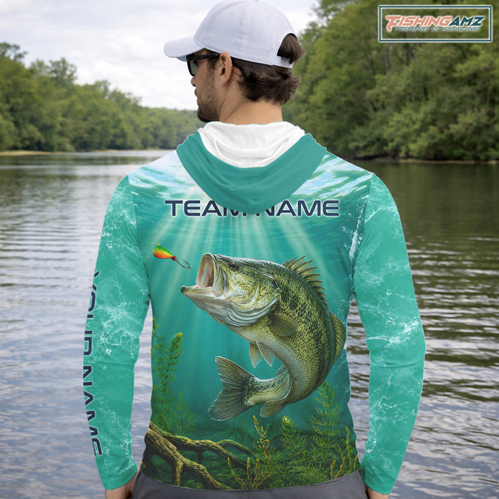 Angler wearing Custom Bass Fishing Jersey long sleeve hooded tournament fishing shirt with custom "team name"