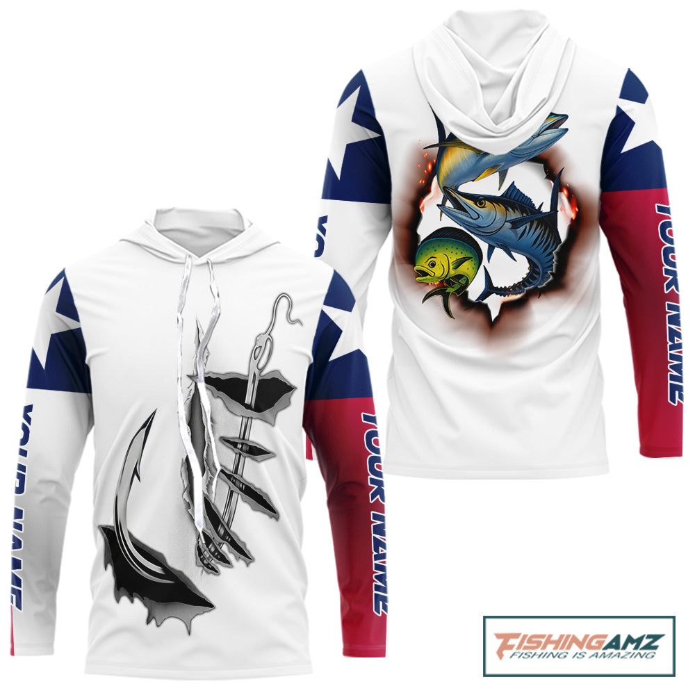 Personalized Texas Flag Mahi Mahi, Wahoo, Tuna Performance Long Sleeve Hooded Fishing Shirts NBT690