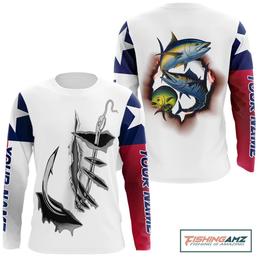 Personalized Texas Flag Mahi Mahi, Wahoo, Tuna Performance Long Sleeve Fishing Shirts NBT690