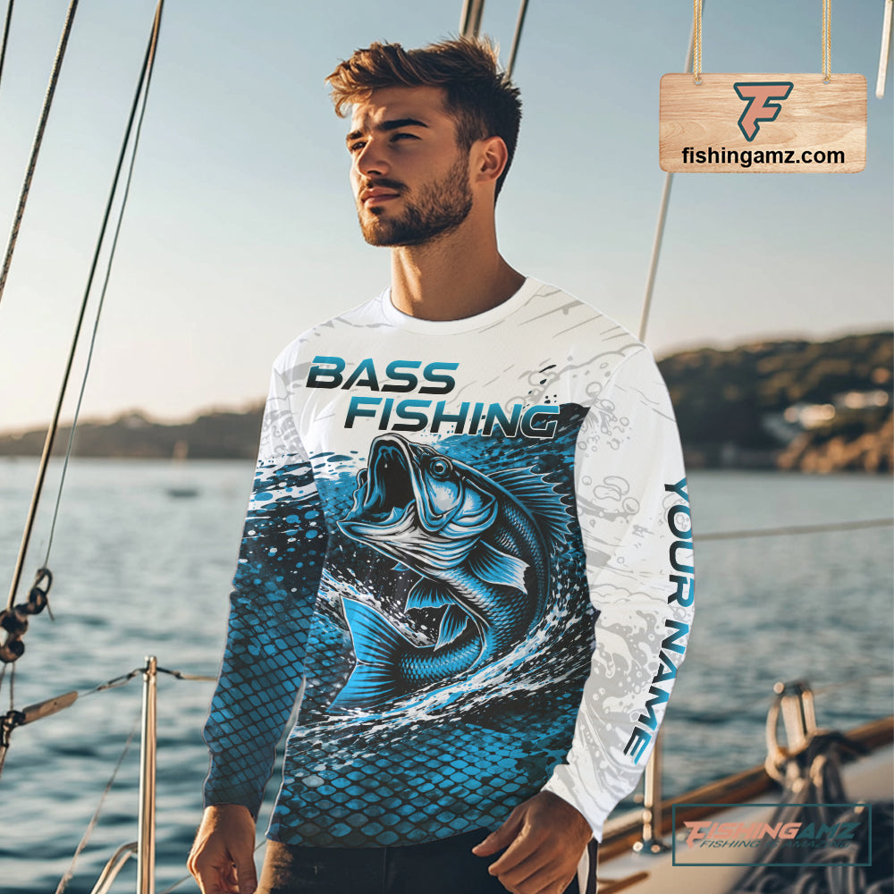 Custom Largemouth Bass Fish Scale Fishing Shirts, Bass Fishing Jerseys|Blue NBT351