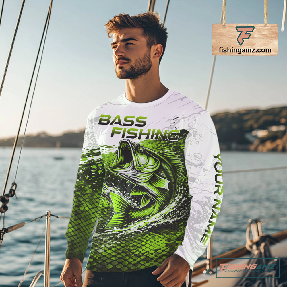 Bass angler wearing custom largemouth bass fish scale fishing shirt on a boat
