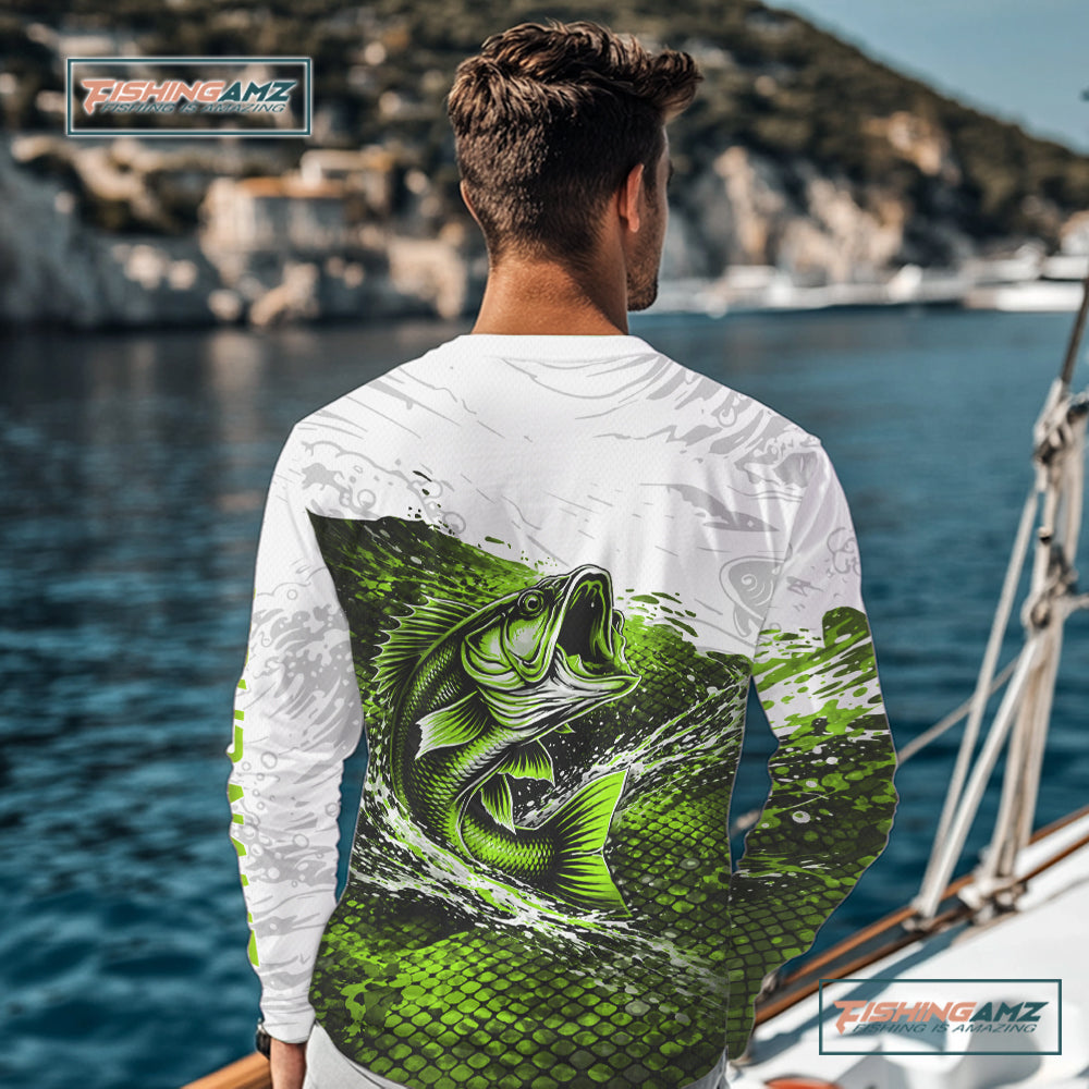Custom Largemouth Bass Fish Scale Fishing Shirts, Bass Fishing Jerseys|Green NBT352