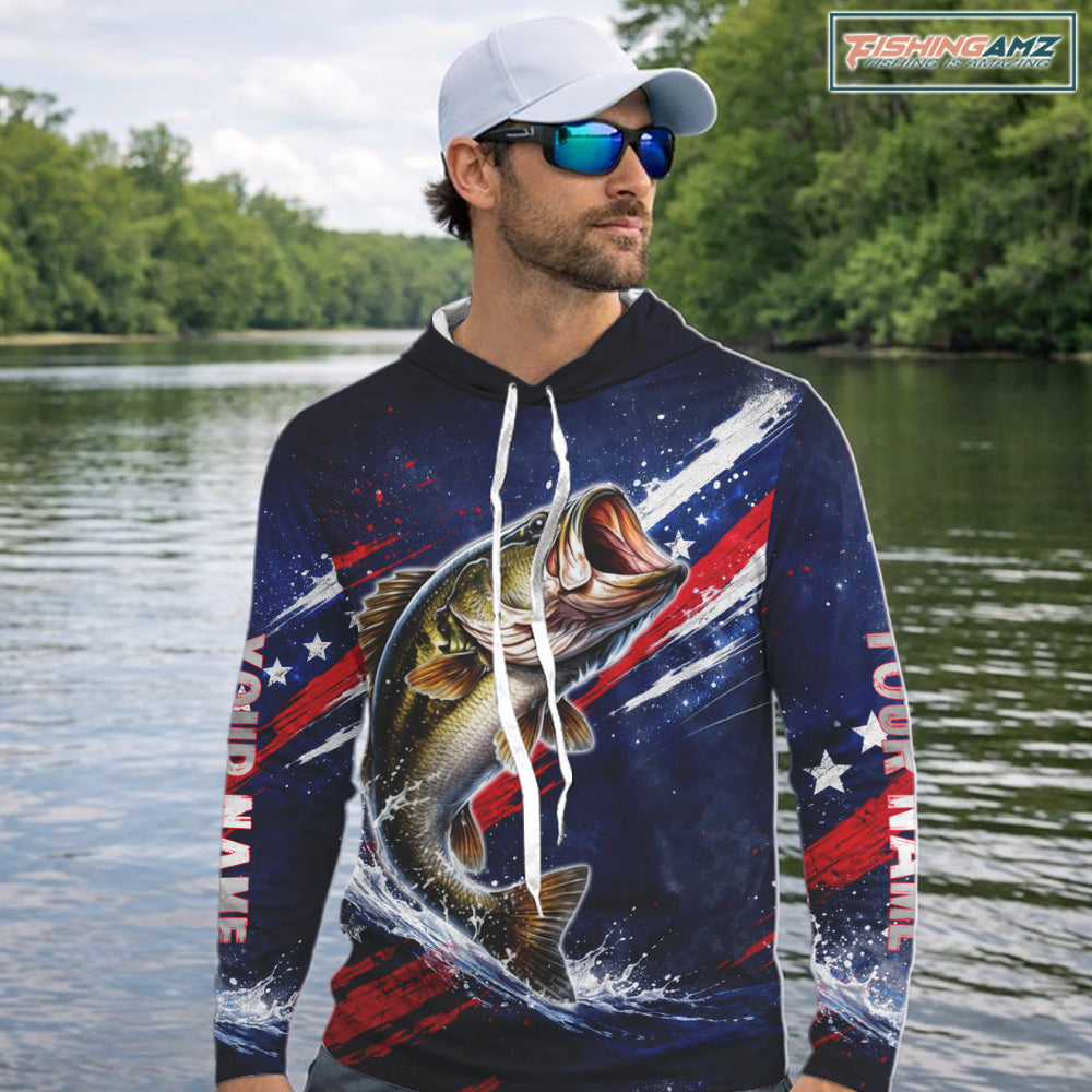 American Flag Bass Long Sleeve Hooded Fishing Shirts, Bass Fishing Tournament Shirts| Blue NBT433