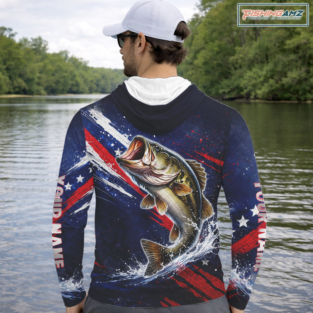 American Flag Bass Long Sleeve Hooded Fishing Shirts, Bass Fishing Tournament Shirts| Blue NBT433