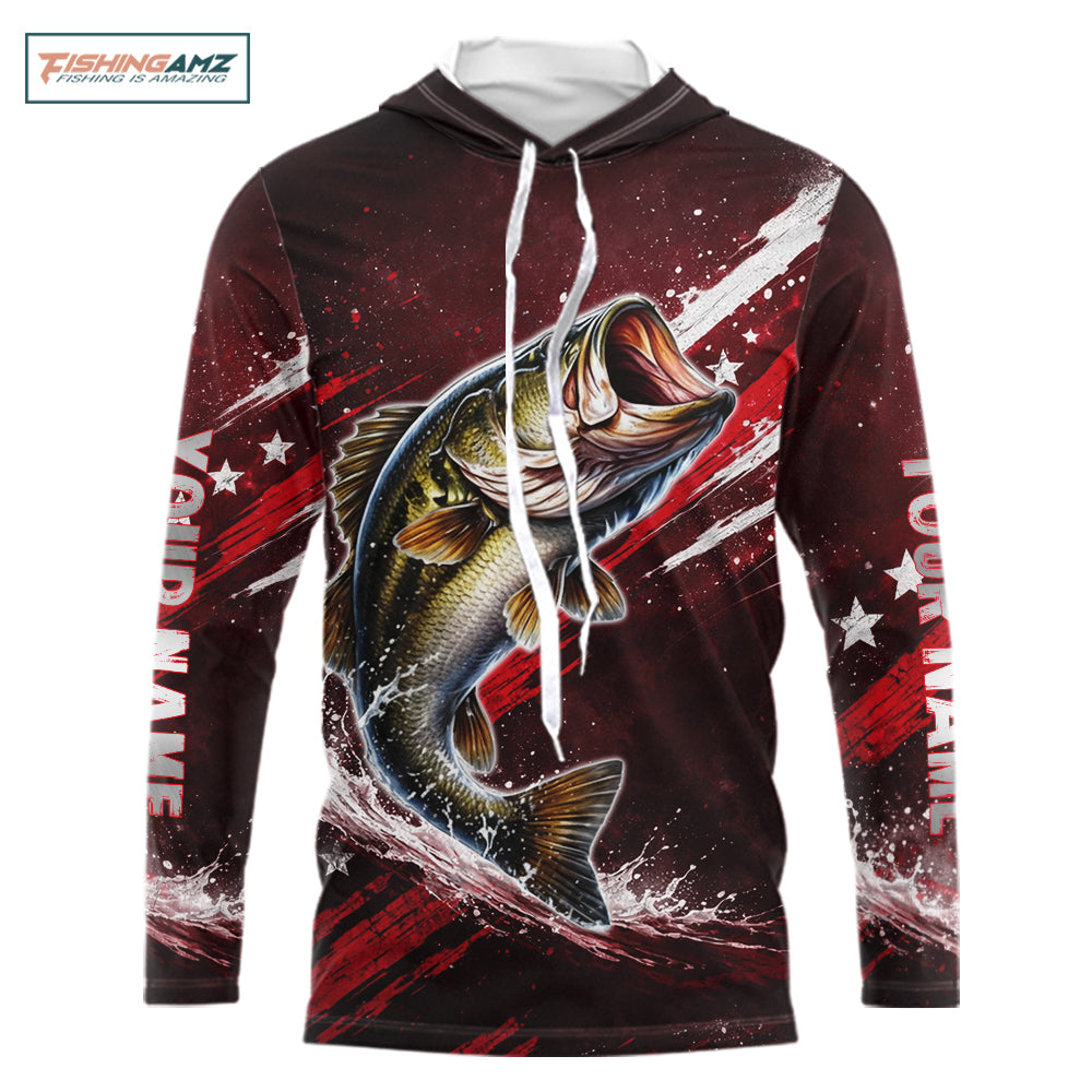 American Flag Bass Long Sleeve Hooded Fishing Shirts, Bass Fishing Tournament Shirts|Red NBT434