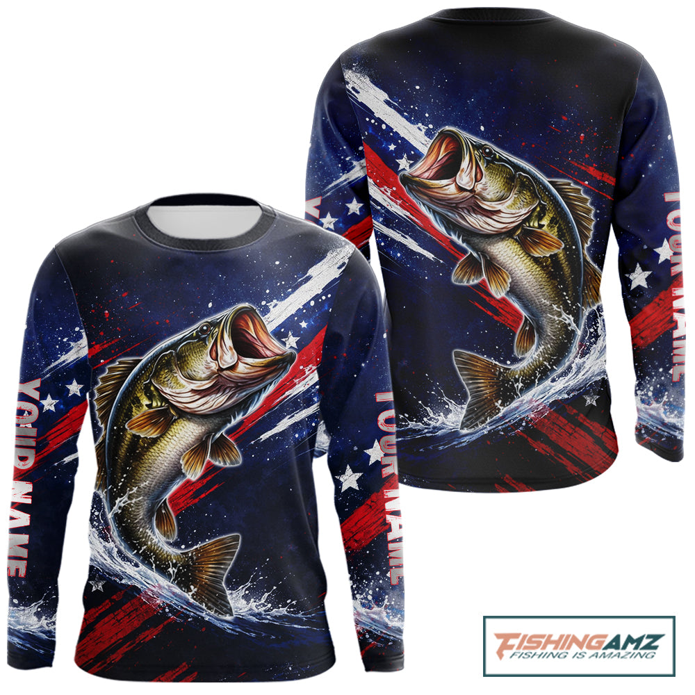 American Flag Fishing Shirt, Bass Fishing Shirts Long Sleeve, Bass Fishing Tournament Shirts|Red NBT433