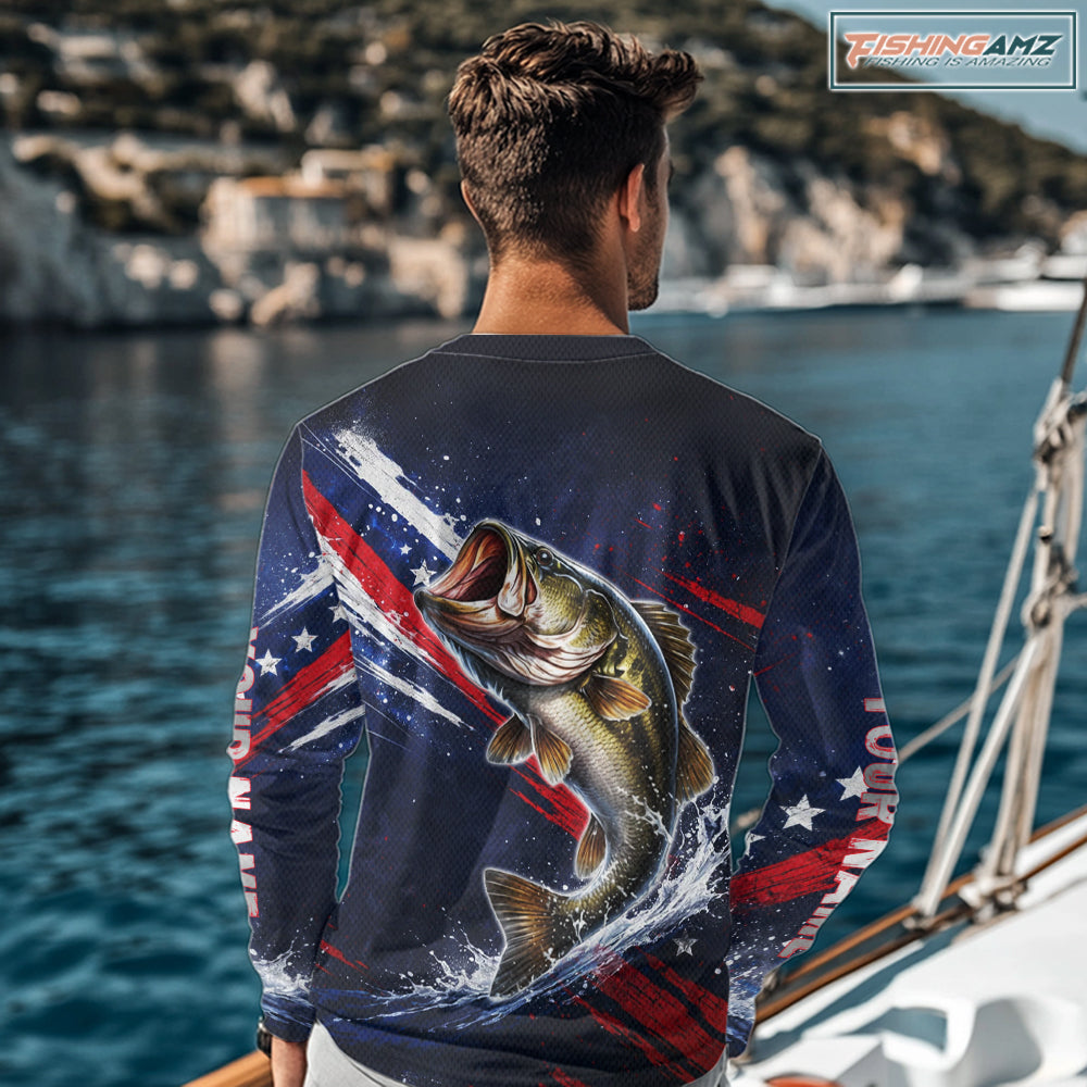 American Flag Fishing Shirt, Bass Fishing Shirts Long Sleeve, Bass Fishing Tournament Shirts|Red NBT433