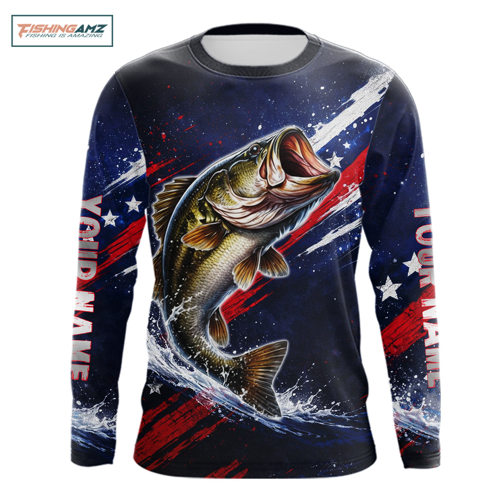 American Flag Fishing Shirt, Bass Fishing Shirts Long Sleeve, Bass Fishing Tournament Shirts|Red NBT433