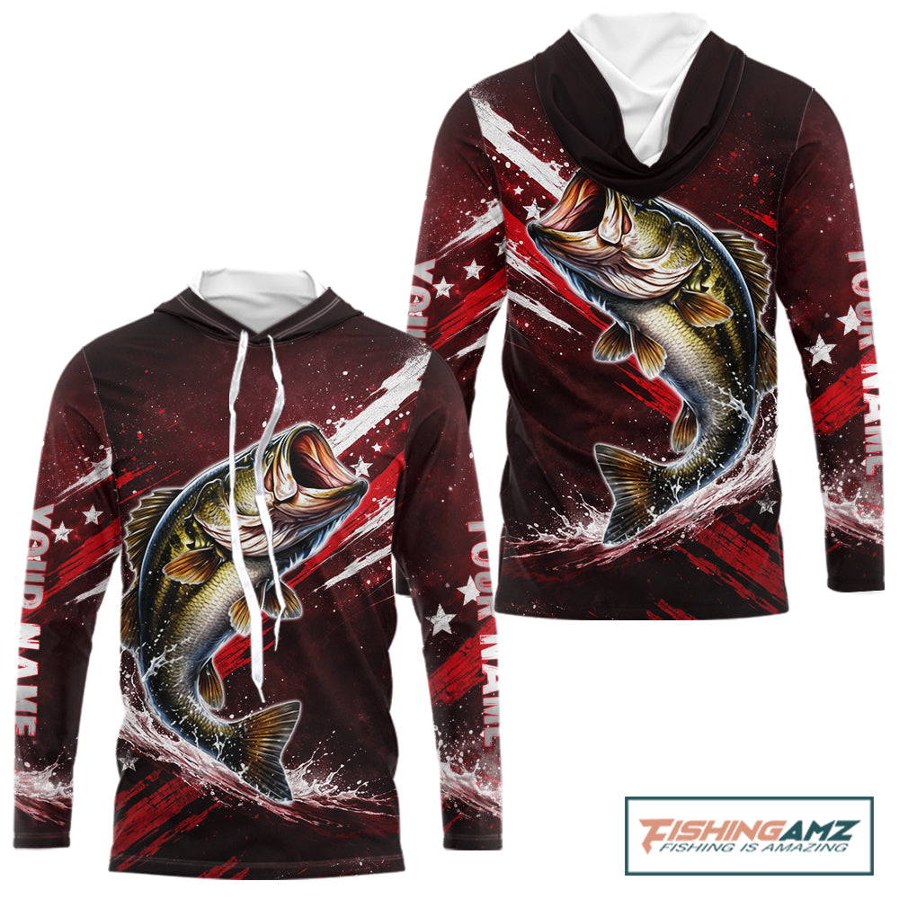 American Flag Bass Long Sleeve Hooded Fishing Shirts, Bass Fishing Tournament Shirts|Red NBT434