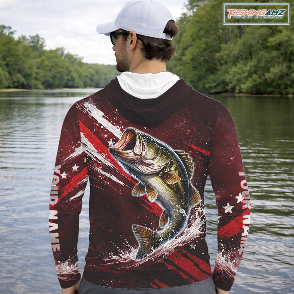American Flag Bass Long Sleeve Hooded Fishing Shirts, Bass Fishing Tournament Shirts|Red NBT434