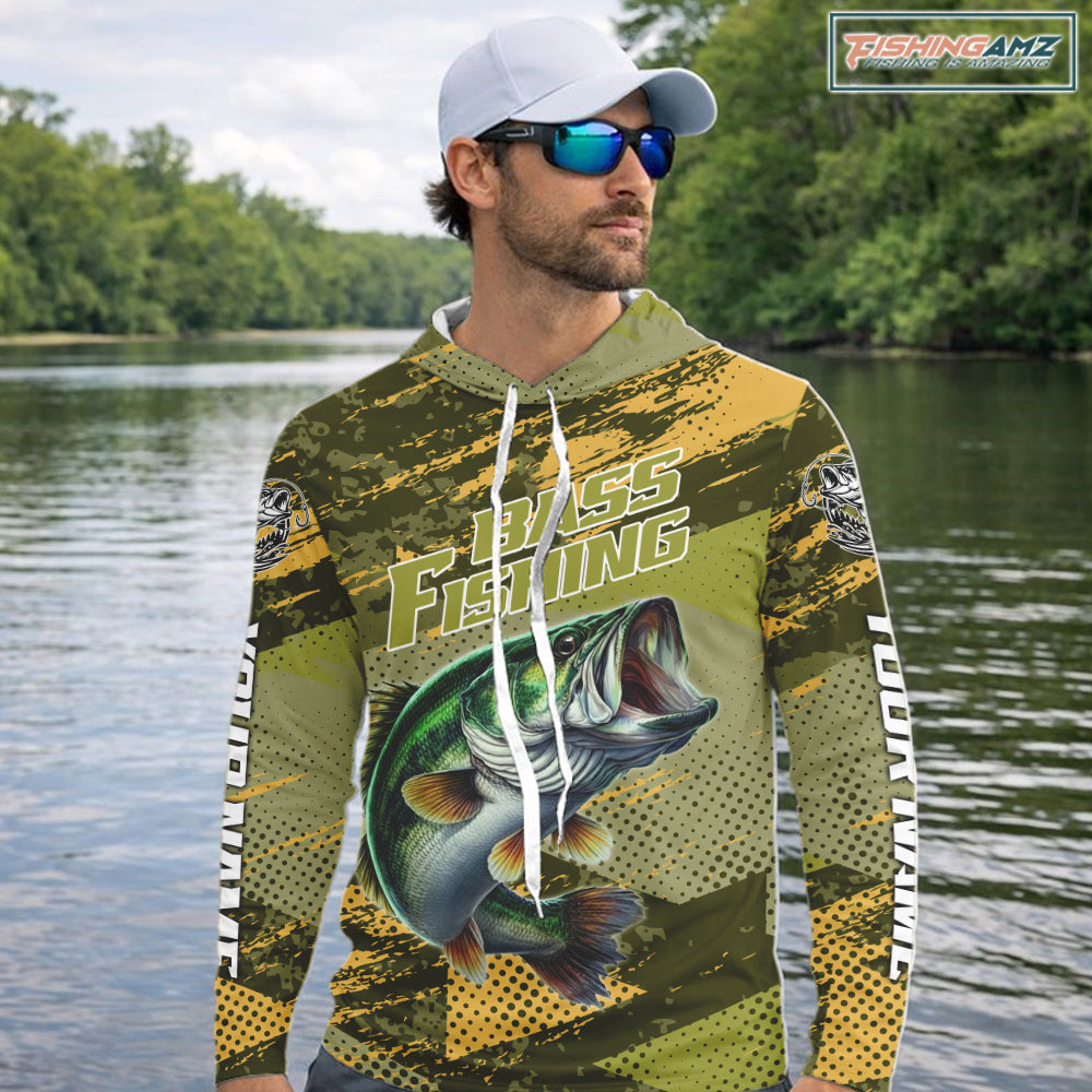 Green Camo Custom Largemouth Bass Hooded Fishing Shirts For Men, Bass Fishing Jerseys NBT438