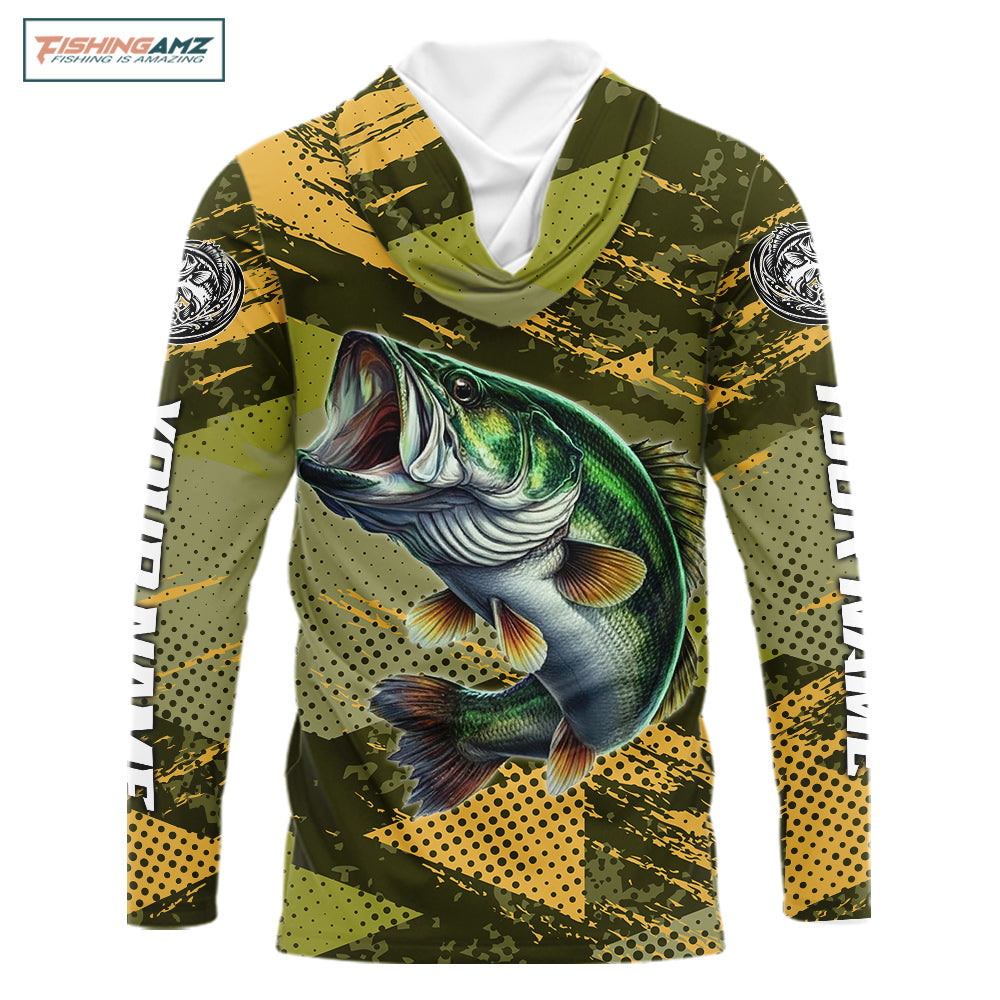 Green Camo Custom Largemouth Bass Hooded Fishing Shirts For Men, Bass Fishing Jerseys NBT438