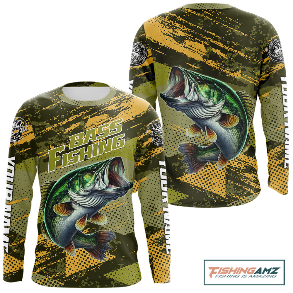 Green Camo Custom Largemouth Bass Fishing Shirts For Men, Bass Fishing Jerseys NBT438