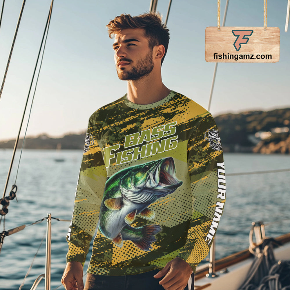 Green Camo Custom Largemouth Bass Fishing Shirts For Men, Bass Fishing Jerseys NBT438