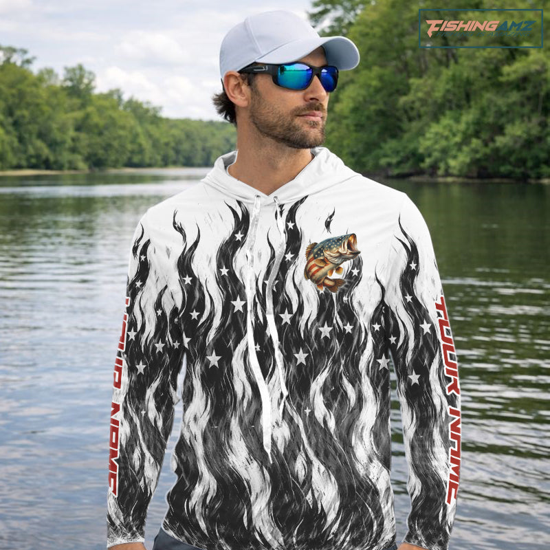 Black Camo American Flag Bass Long Sleeve Fishing Shirts, Patriotic Fishing Shirt NBT456