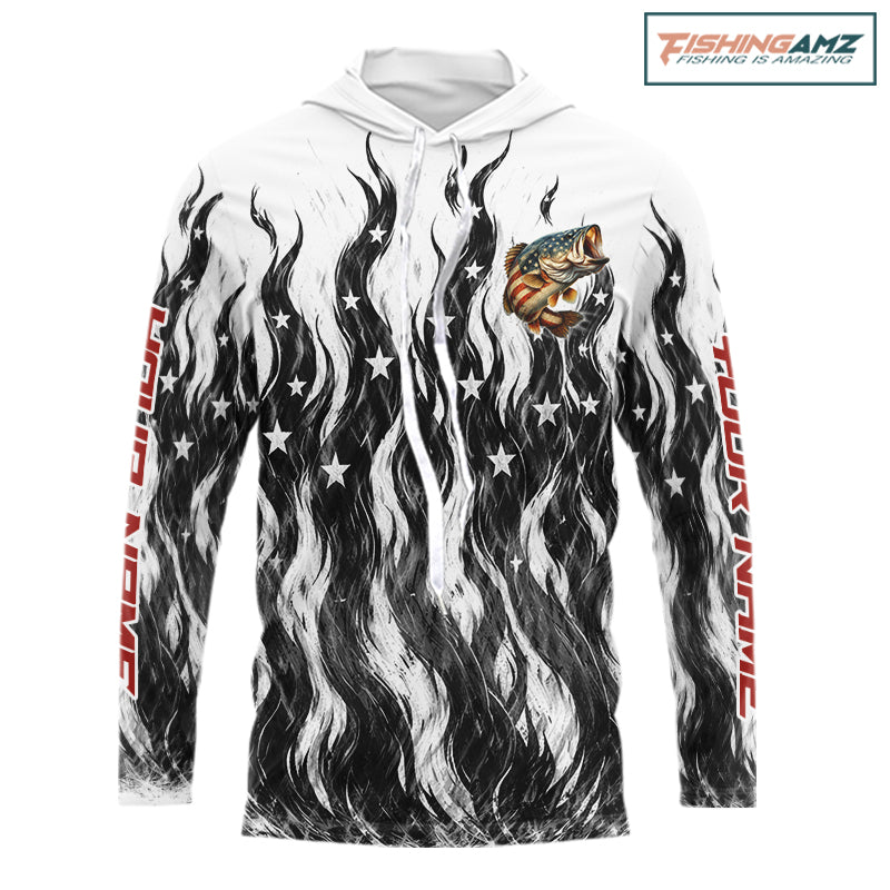 Black Camo American Flag Bass Long Sleeve Fishing Shirts, Patriotic Fishing Shirt NBT456